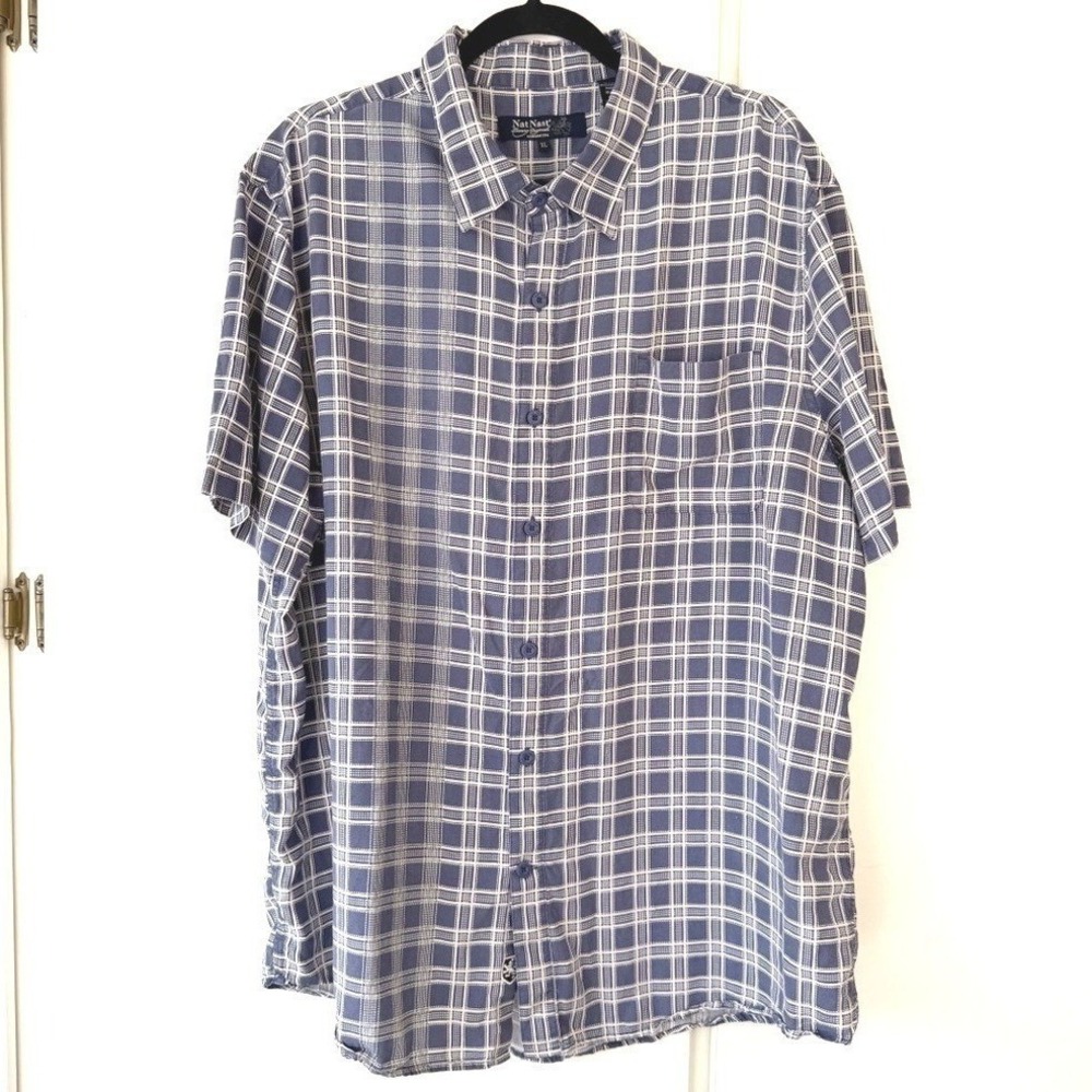 Nat Nast Silk Camp Shirt XL Blue Plaid Button Up Casual Luxury Resort Shirt